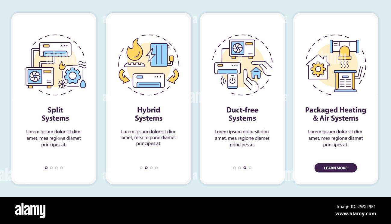 Types of HVAC systems onboarding mobile app screen Stock Vector