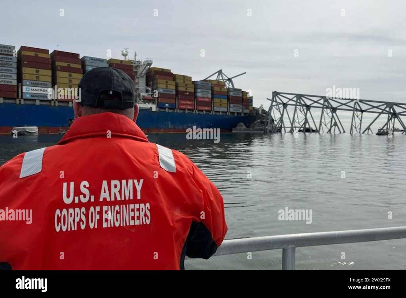 Baltimore, United States. 26th Mar, 2024. U.S. Army Corps of Engineers Navigation staff observe the damage resulting from the collapse of the Francis Scott Key Bridge in Baltimore, Maryland, on Tuesday, March 26, 2024. Six missing construction workers are presumed dead as the Coast Guard announced Tuesday evening it was calling off its search and turning to recovery. Photo by David Adams/U.S. Army Corps of Engineers/UPI Credit: UPI/Alamy Live News Stock Photo