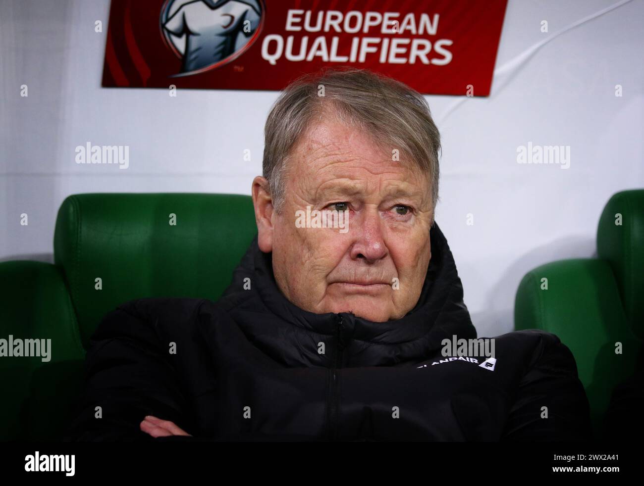 Wroclaw, Poland. 26 Mar 2024. Icelandic manager Age Hareide looks on during the UEFA EURO 2024 Play-off game Ukraine v Iceland at Tarczynski Arena in Wroclaw. Credit: Oleksandr Prykhodko/Alamy Live News Stock Photo