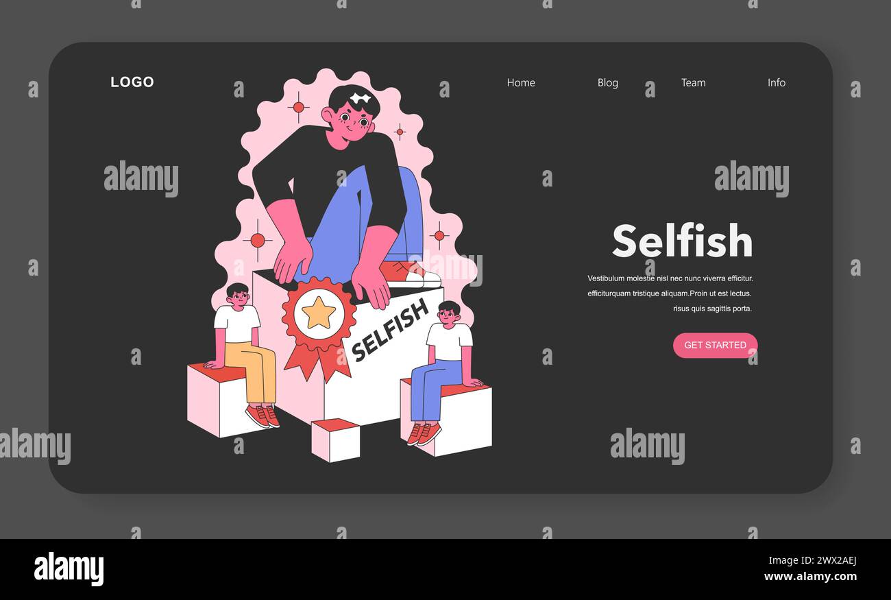 Selfishness concept. Oversized figure overshadowing others, clutching a prize, embodying self-absorption. Disregard for companions shown. Flat vector illustration Stock Vector
