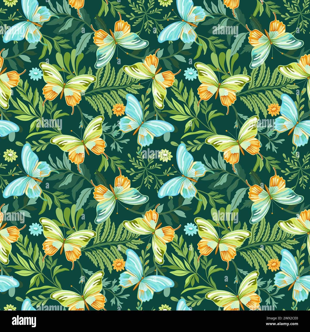 Seamless pattern of elegant beautiful tropical butterflies and plants isolated on background. Cute flying butterfly insects and leaves for decorative Stock Vector