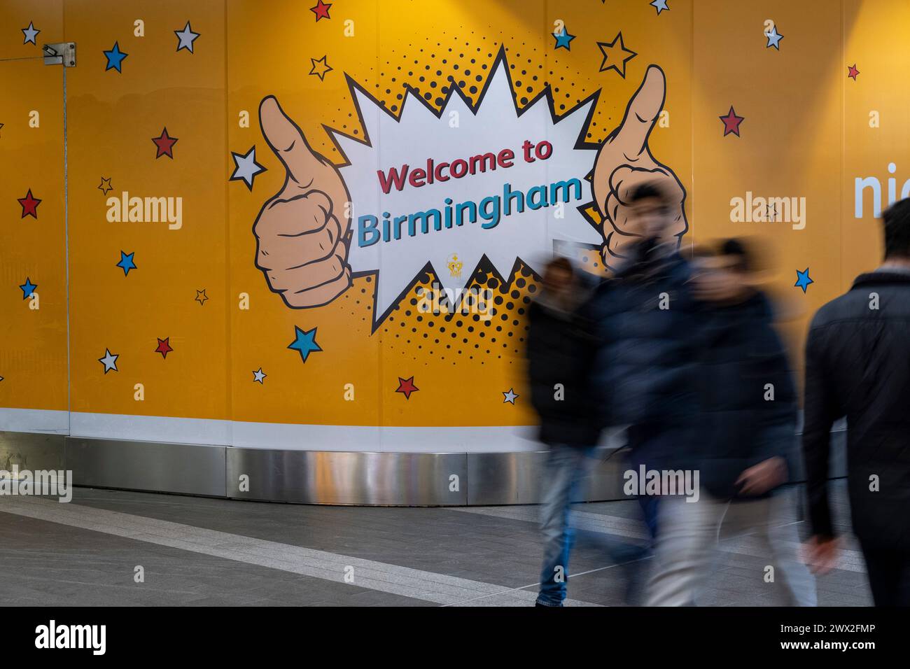 Welcome to Birmingham sign inside Grand Central Station, aka Birmingham New Street Station on 21st March 2024 in Birmingham, United Kingdom. Stock Photo