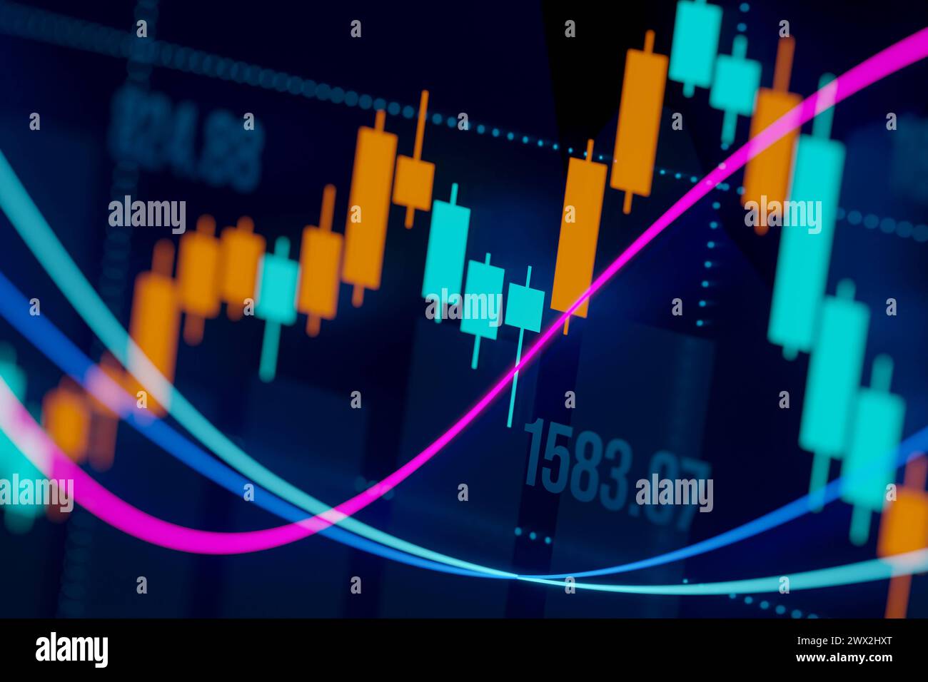 Stock market chart, lines and data. Stock market chart, lines and data. Cloes-up orange and blue candle stick chart, lines and moving averages in defo Stock Photo