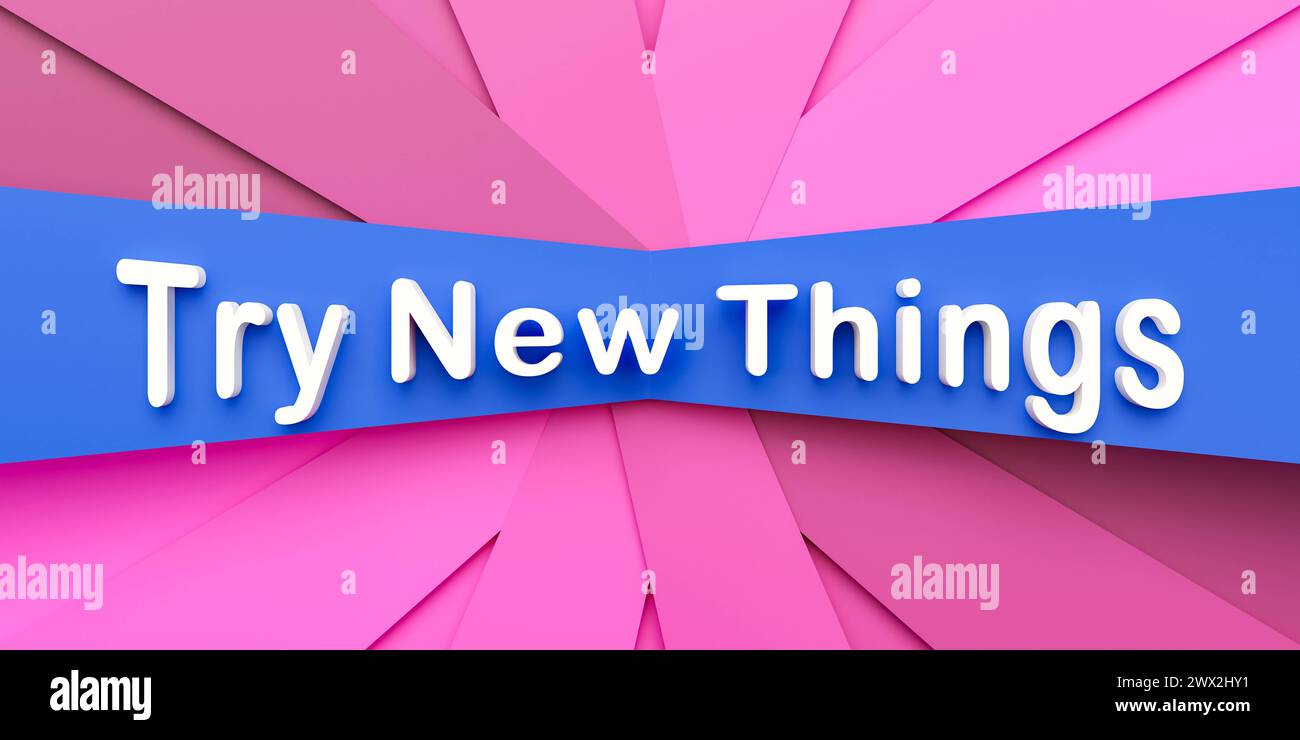 Try new things. Try new things. Purple and blue paper stripes. Text, try new things in white letters. Chance, opportunity, the way forward, motivation Stock Photo