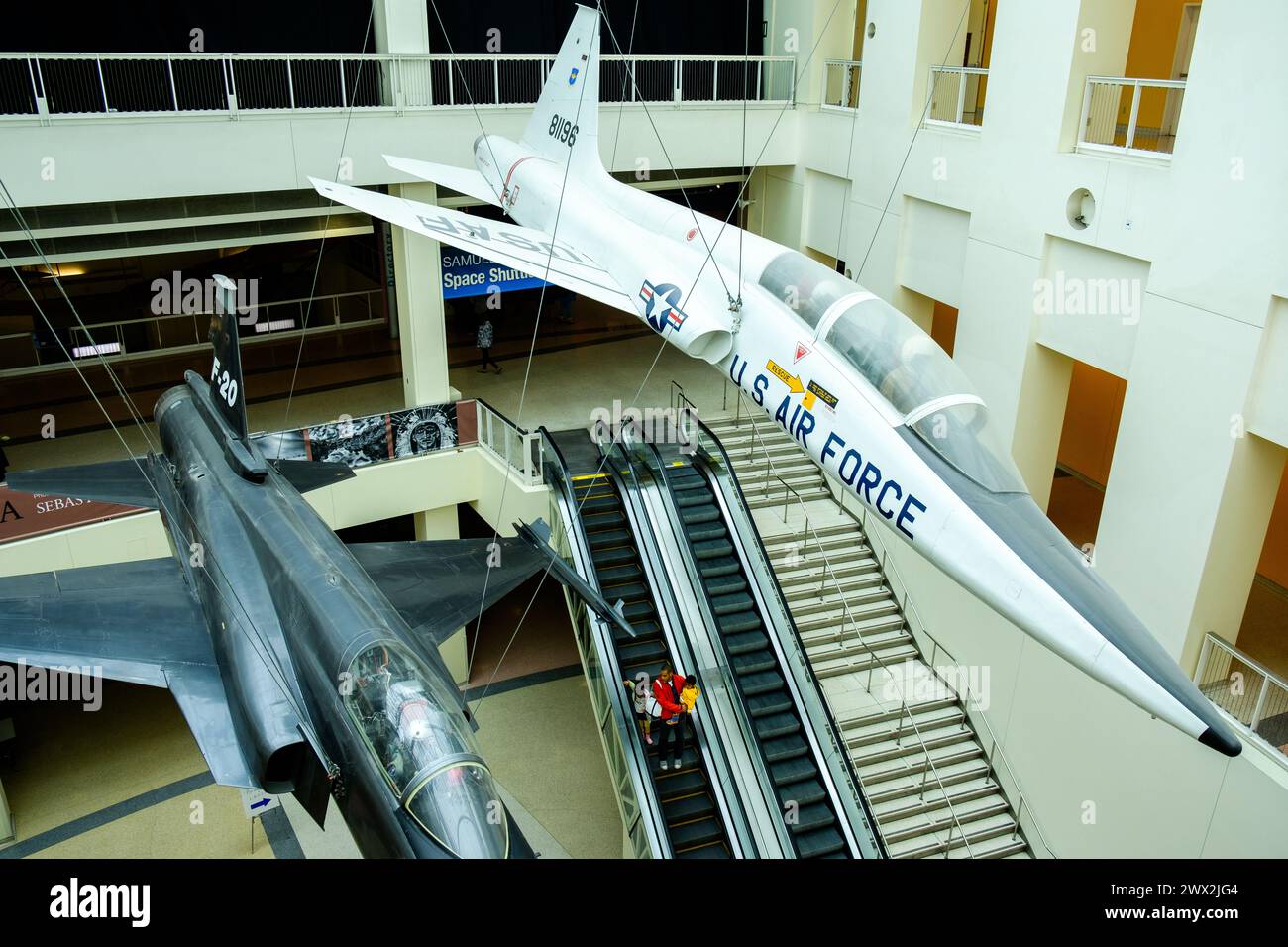 Northrop T-38 Talon (white), first twin-engine, high-altitude supersonic jet trainer, seen at the California Science Center, Los Angeles, California. Stock Photo