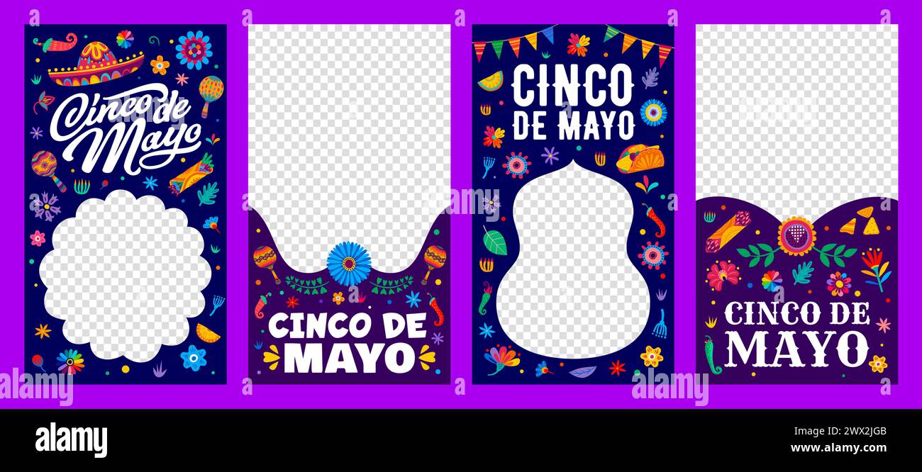 Cinco de mayo Mexican holiday social media templates. Vector vertical banners or frames, capture the festive spirit, share cultural pride, and spread joy with colorful Viva Mexico alebrije style Stock Vector
