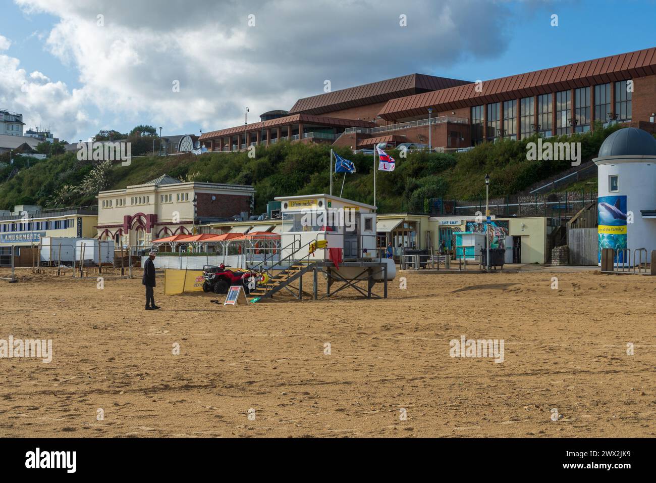 Bournemouth, UK - September 22nd 2023: RNLI Lifeguard Post on the West Beach. Stock Photo