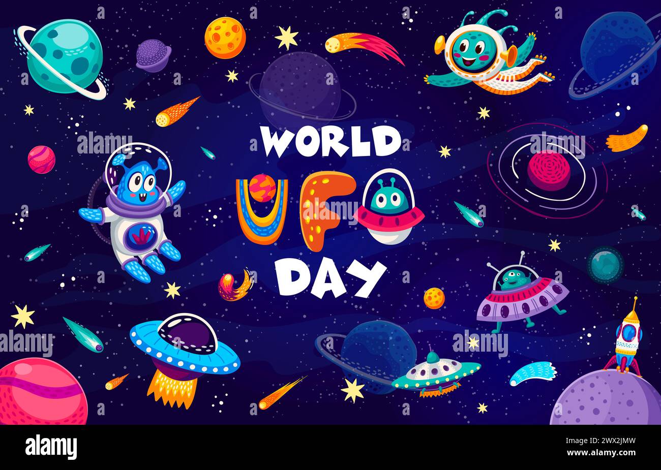 World UFO Day vector poster with cute alien cartoon characters, flying ...