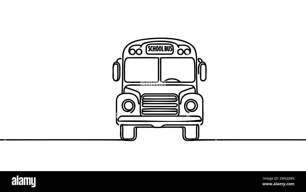 Continuous one line drawing school bus on white background Stock Vector