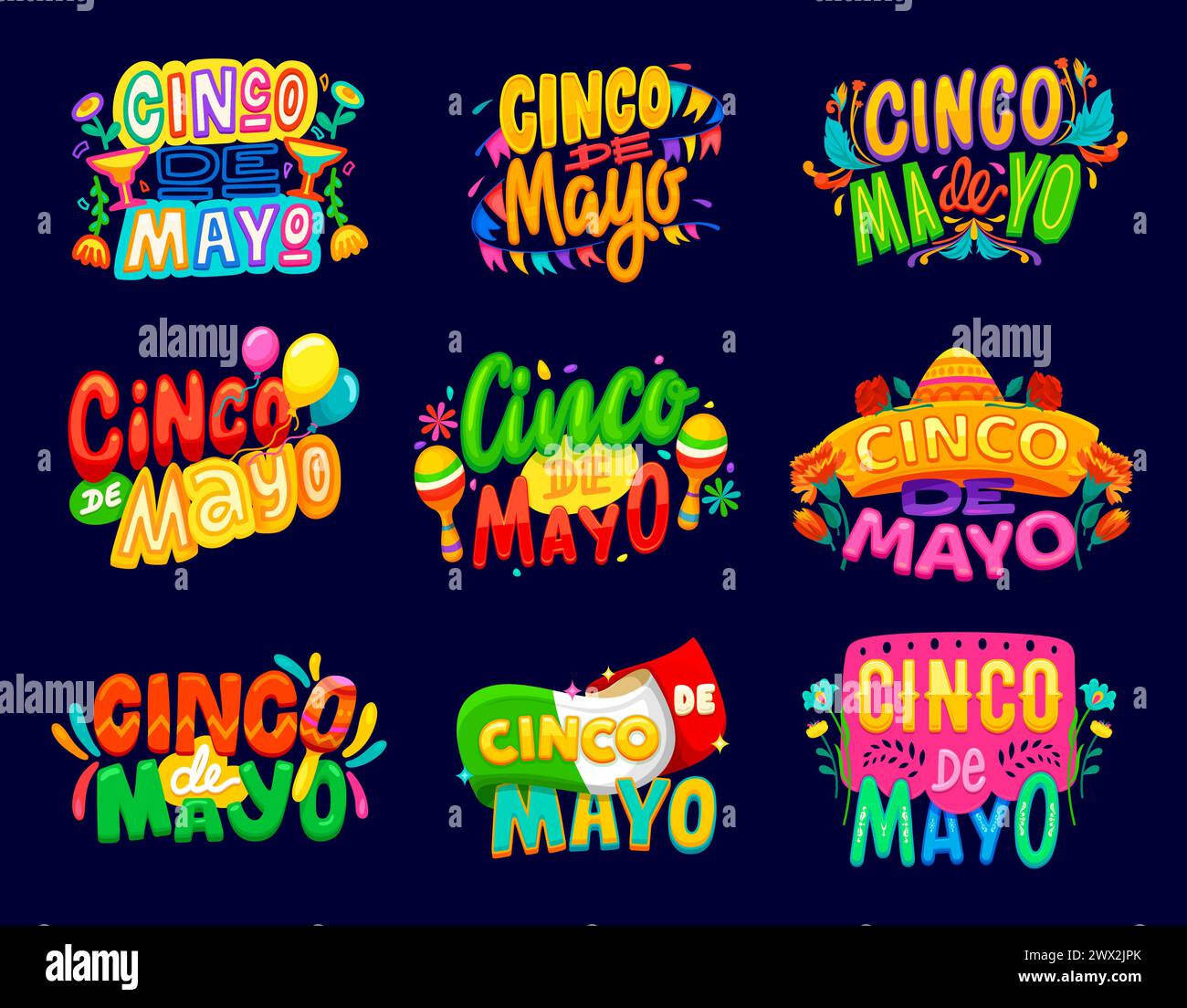 Cinco de Mayo Mexican holiday quotes with sombrero, maracas and margarita, vector T-shirt prints. Mexican Cinco de Mayo celebration and fiesta party quote banners with Mexico flag and bright flowers Stock Vector