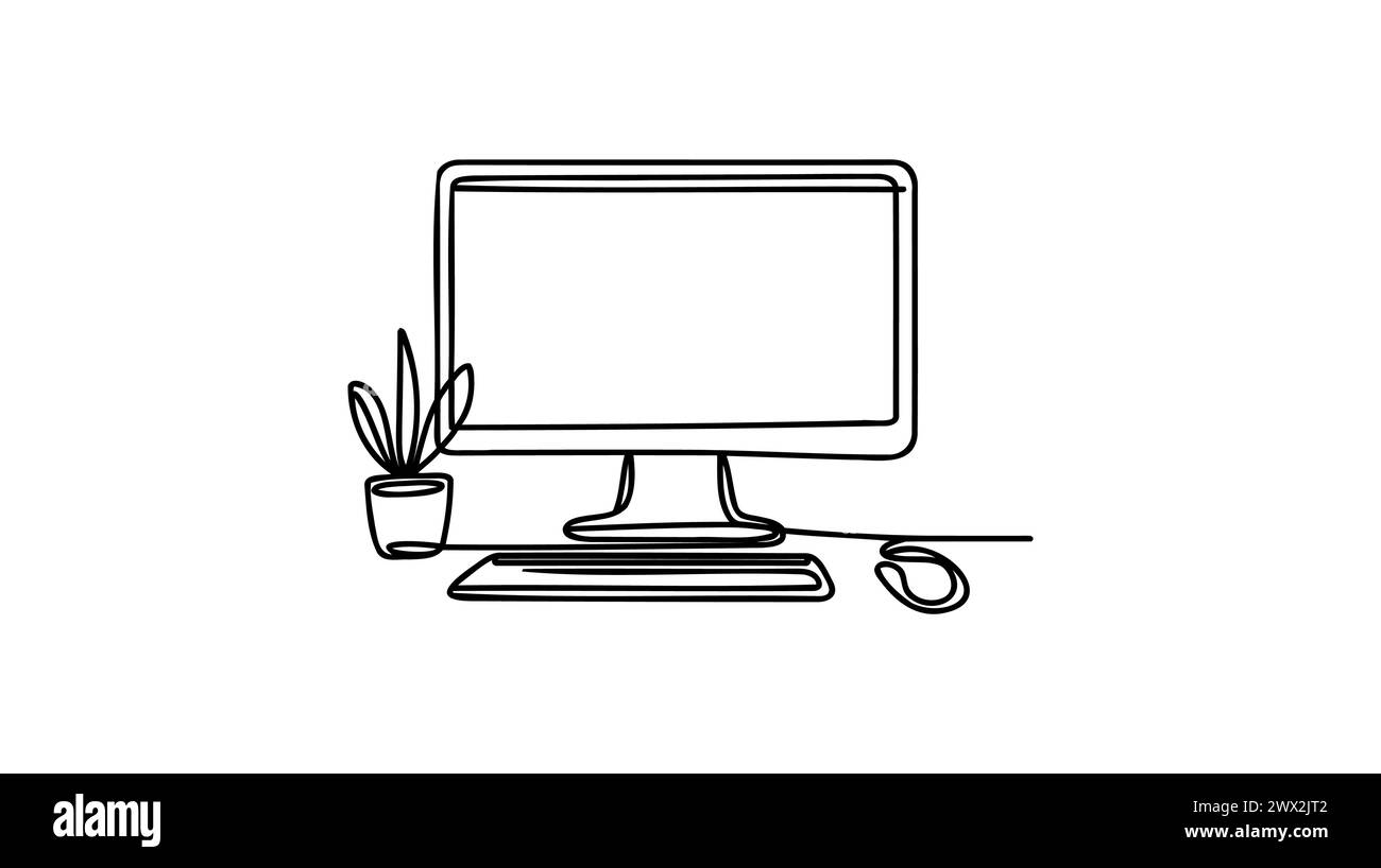Single continuous line drawing of cpu computer unit and screen monitor