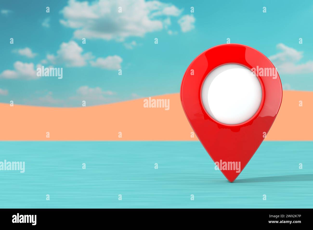 Map Pointer Pin in the Abstract Desert Landscape extreme closeup. 3d Rendering Stock Photo