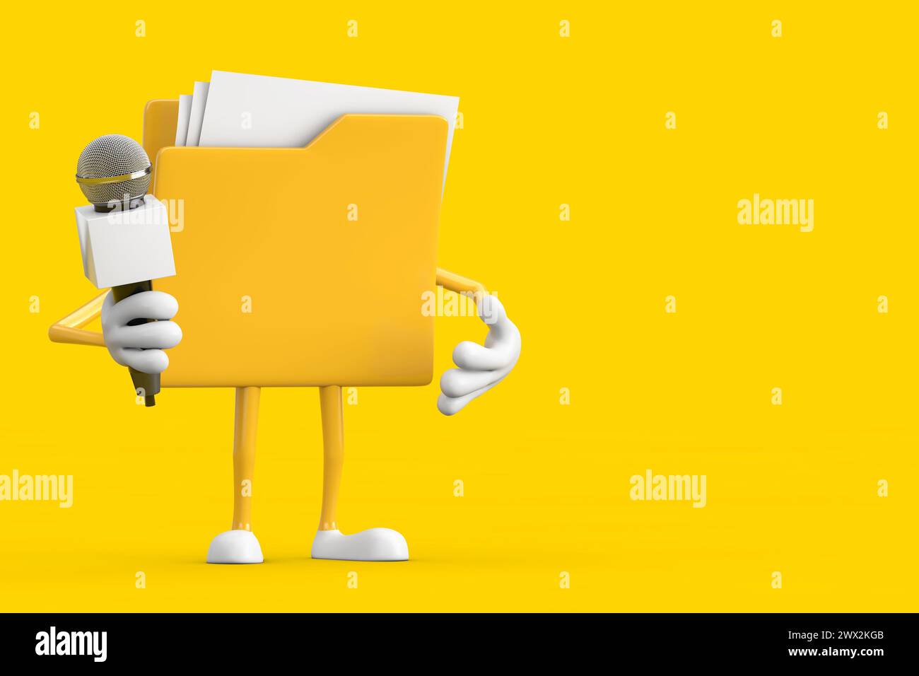 Yellow File Folder Icon Cartoon Person Character Mascot with Modern Chrome Microphone on a yellow background. 3d Rendering Stock Photo