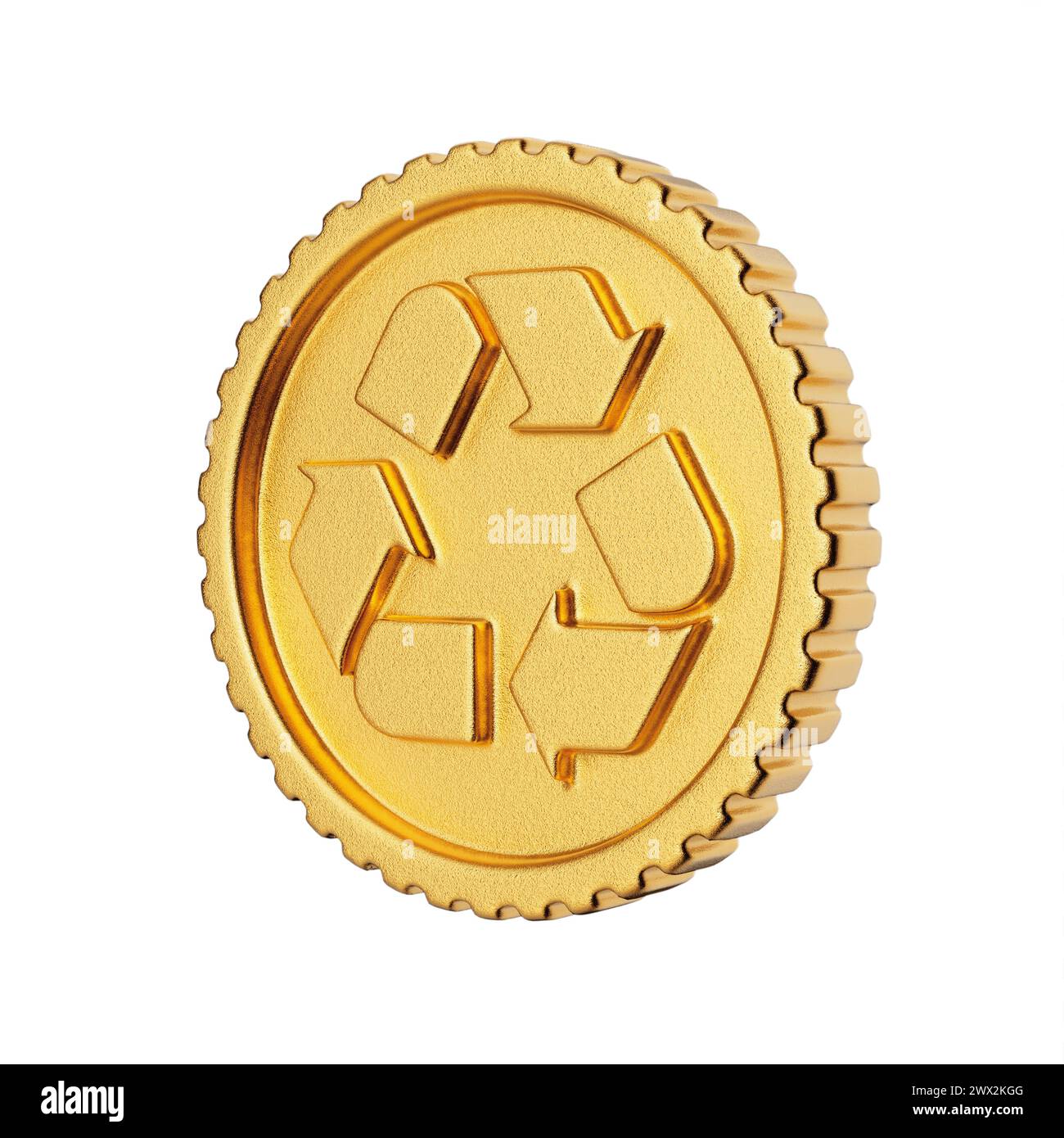 Golden Coin Badge with Recycle Sign on a white background. 3d Rendering Stock Photo