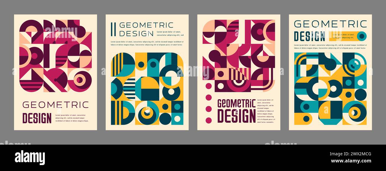 Modern abstract geometric pattern posters in yellow, turquoise, maroon ...