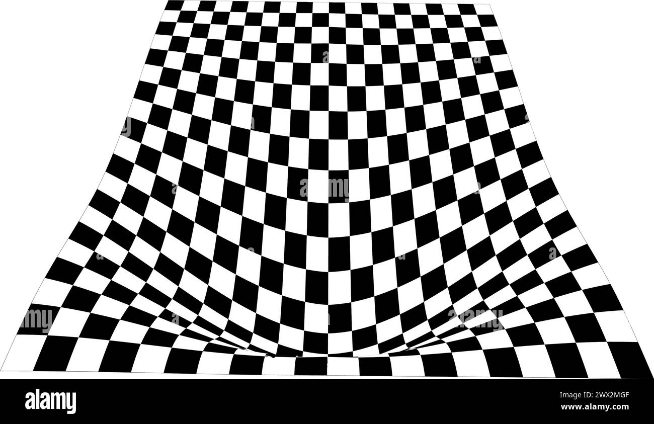 Checkered plane distortion in perspective. Warped tile floor. Curvatured checkerboard texture. Convex board with squared pattern. Gravity phenomenon Stock Vector