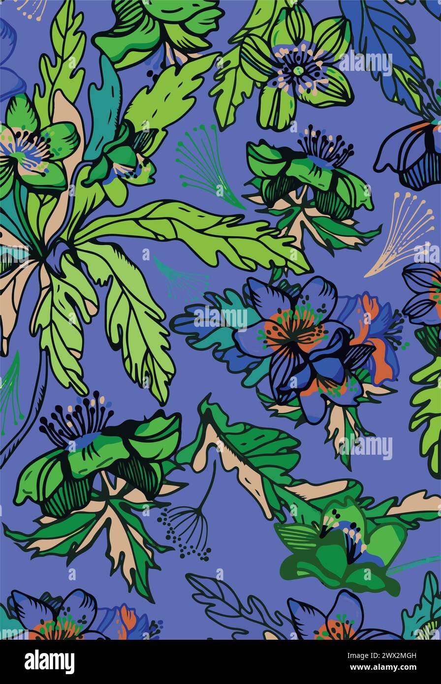 Seamless pattern with flowers and leaves. Hand drawn background. floral ...