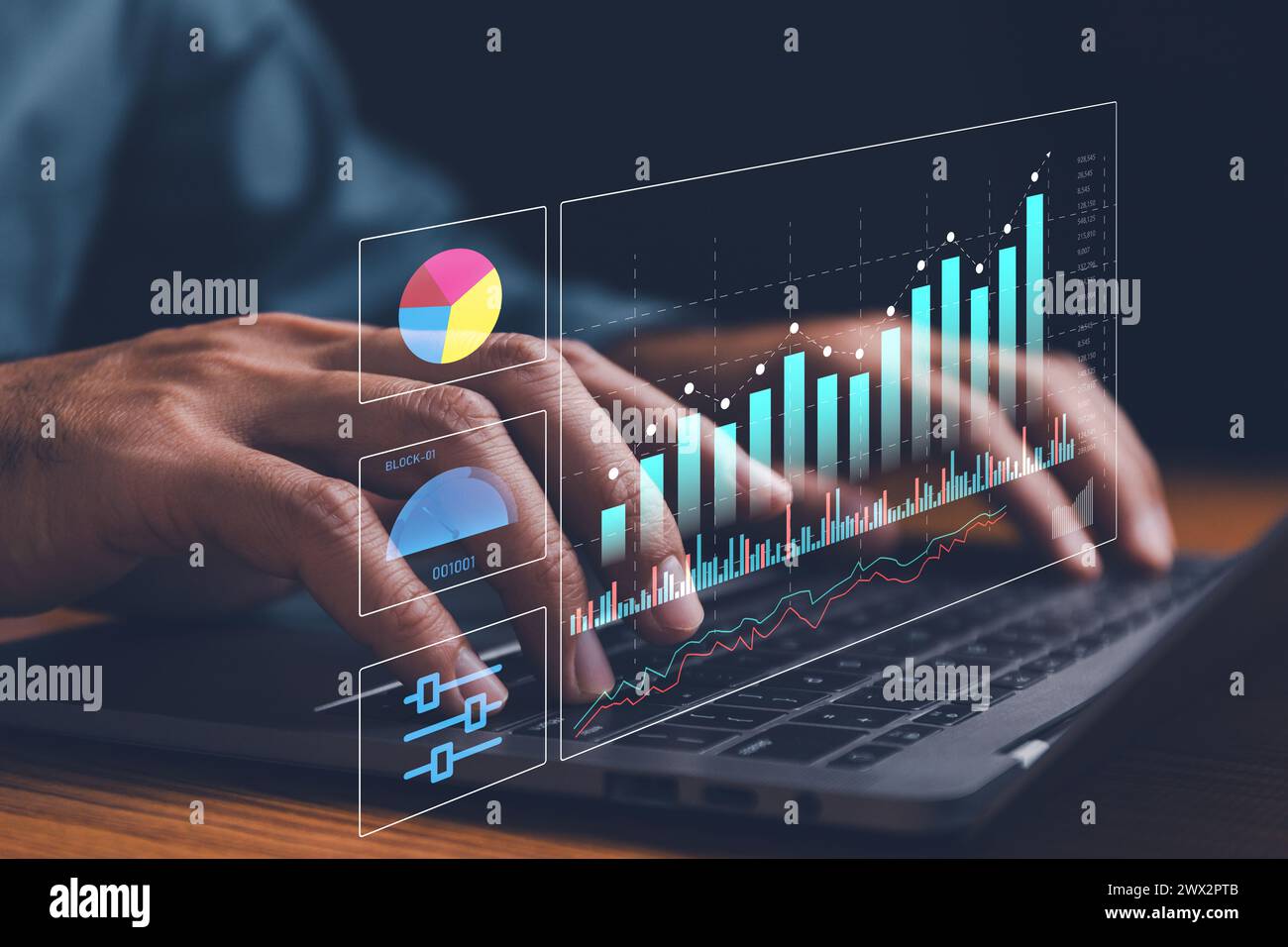 businessman analyzing business Enterprise data management, business analytics with charts, metrics and KPIs to improve organizational performance, mar Stock Photo