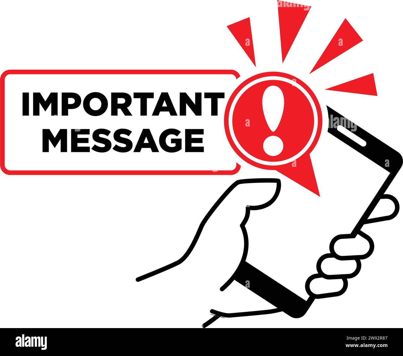 Notification with exclamation sign on the smartphone screen. Important message or reminder. Vector on transparent background Stock Vector
