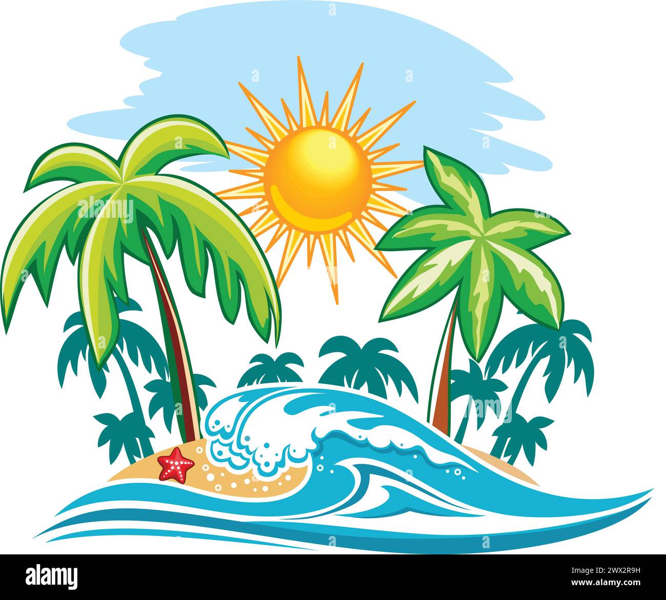 Tropical island with palm-trees in sea waves. Vector on transparent background Stock Vector