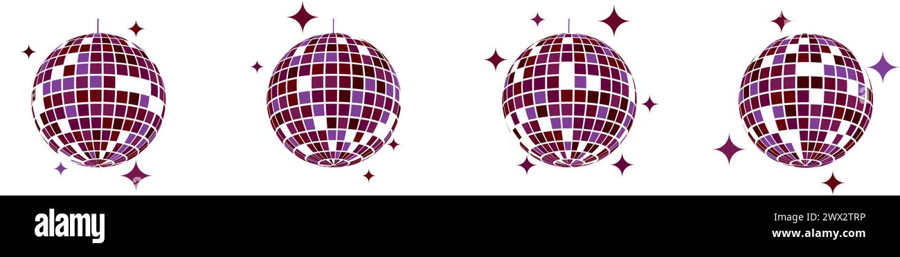 Purple discoball icons. Disco music party mirrorballs in 70s 80s 90s vintage discotheque style. Shining nightclub mirror spheres with glitters Stock Vector