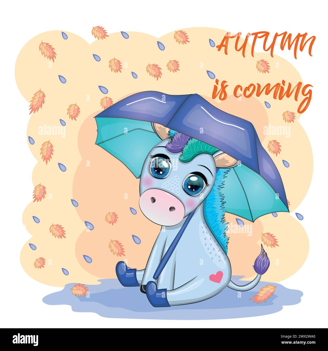 Cute unicorn with an umbrella, it's raining, yellow leaves and the inscription Autumn is coming Stock Vector