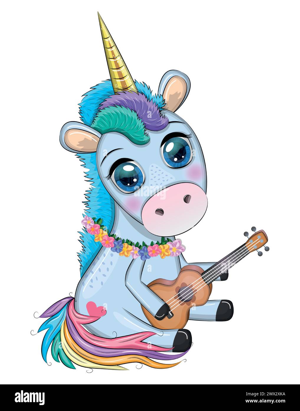 Cute Cartoon Unicorn with colorful hair is playing ukulele guitar, love ...