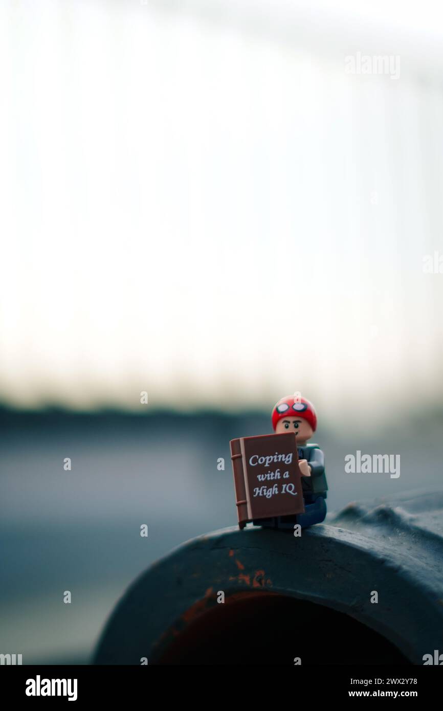Lego minifigure Peter Parker sitting and reading a book with blurred background and copy space Stock Photo