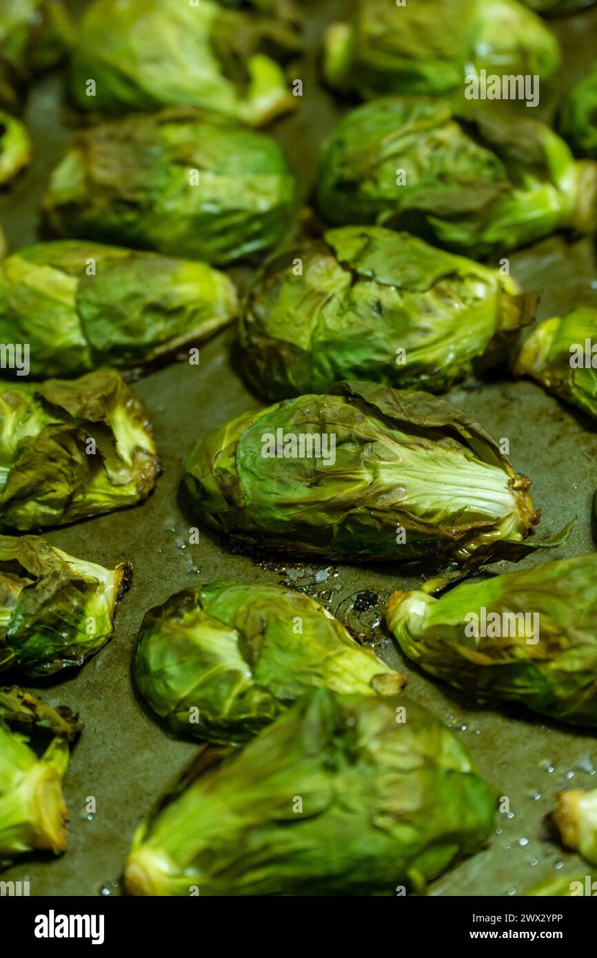 Sliced brussels sprouts after roasting, in a kitchen in New York on Saturday, March 23, 2024. (© Richard B. Levine) Stock Photo