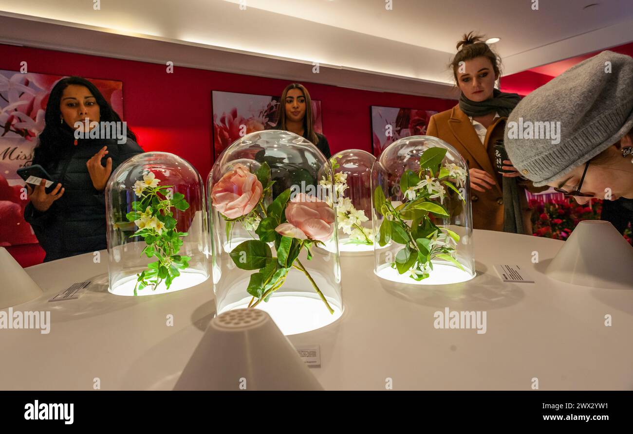 Visitors sniff Dior scents in Macy's flagship department store in Herald Square in New York festooned with floral arrangements for the 2024 49th annual Macy's Flower Show, in partnership with Dior, on opening day Sunday, March 24, 2024. The show will run until April 7th.  (© Richard B. Levine) Stock Photo