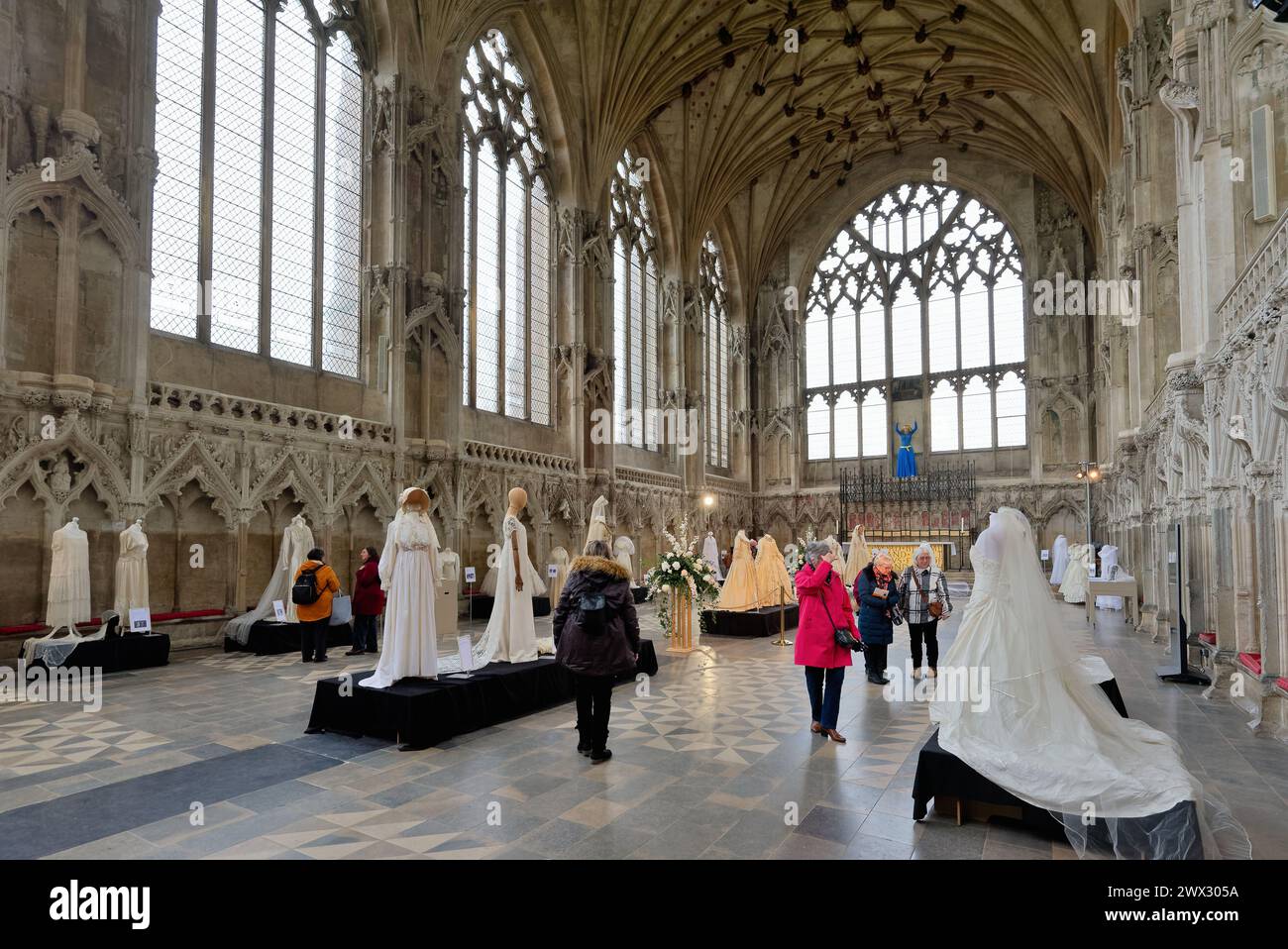 A celebration of Bridal gowns held in the Lady Chapel of Ely cathedral Cambridgeshire England Great Britain UK Stock Photo
