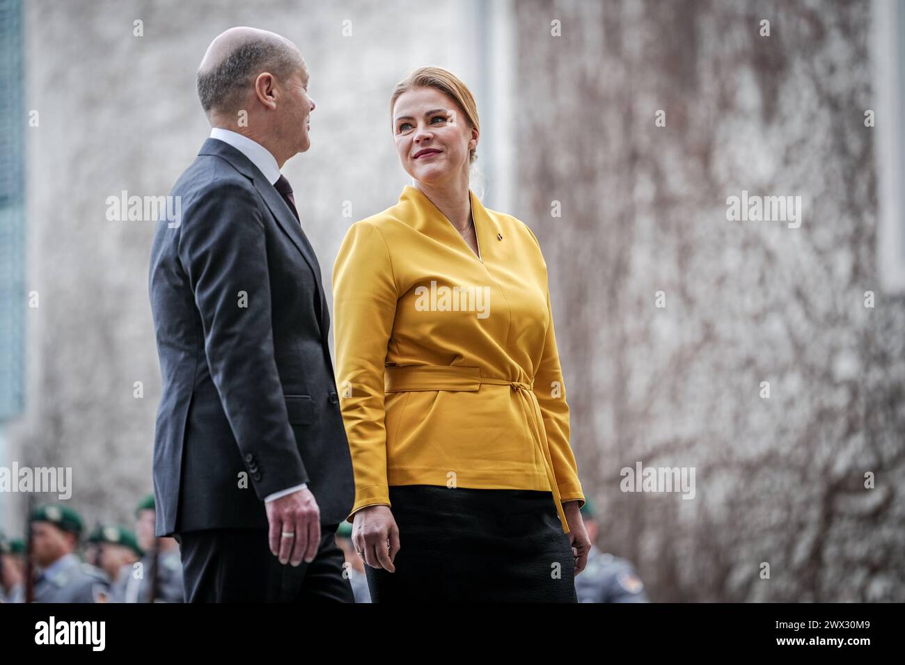Berlin, Germany. 27th Mar, 2024. Federal Chancellor Olaf Scholz (SPD, l) receives Evika Sili·a, Prime Minister of the Republic of Latvia, with military honors in front of the Federal Chancellery. Credit: Kay Nietfeld/dpa/Alamy Live News Stock Photo