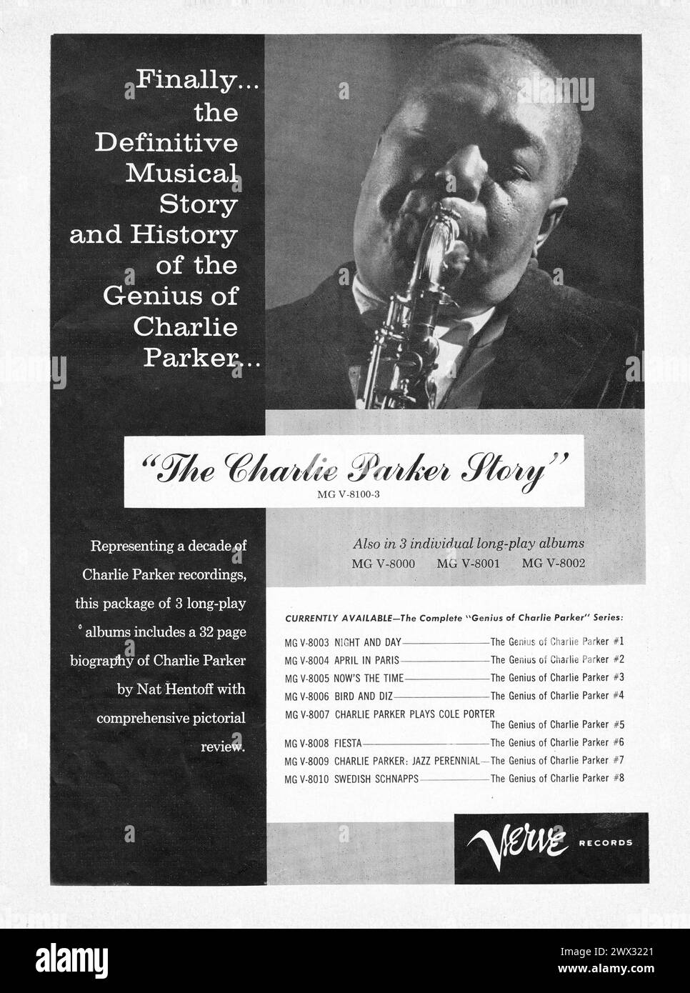 A Verve ad for a 3 lp set of the recordings of jazz giant, Charlie Parker. It's an early example merchandising a box set. From a 1960s music magazine. Stock Photo