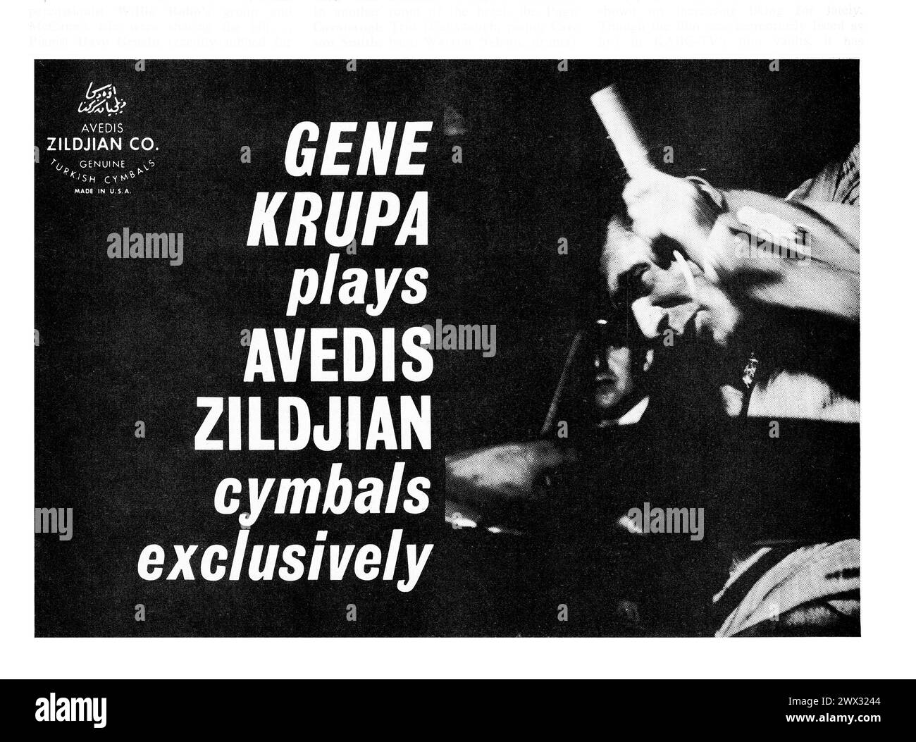 An ad from a mid 1960s music magazine for cymbal makers Avis Zildjian. It featuring jazz drumming legend, Gene Krupa Stock Photo