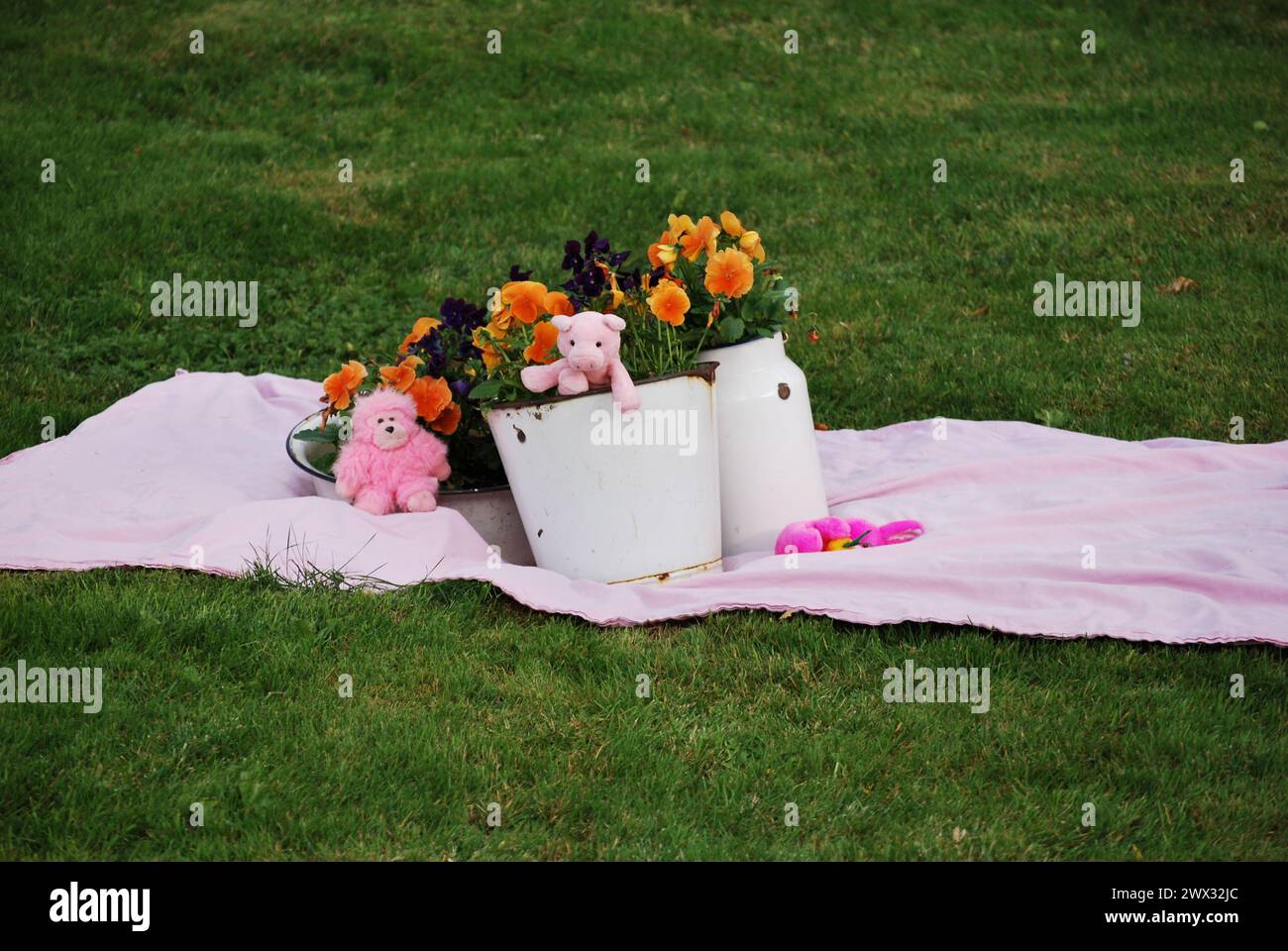 picnic, with pink tablecloth on the lawn and flowers Stock Photo