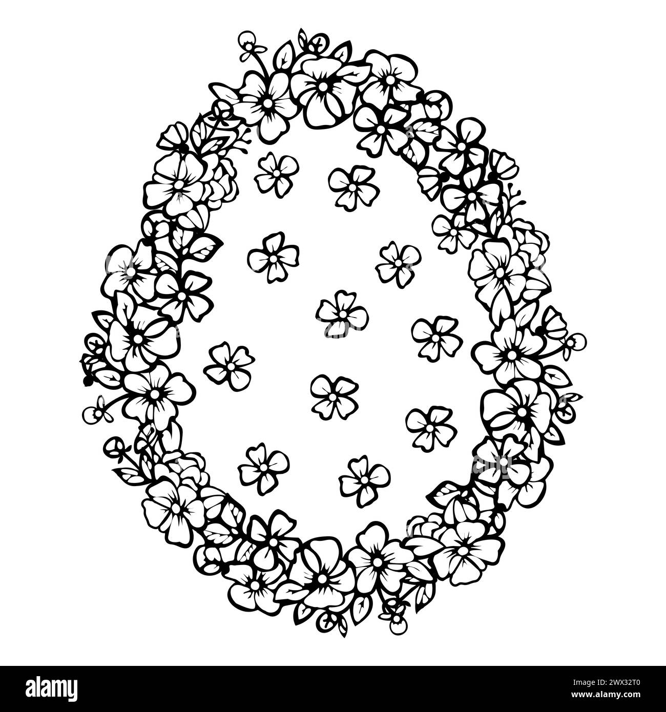 Easter egg flower background, hand drawn floral elements for spring holiday. Black and white line art compositions for coloring page. Vector illustrat Stock Vector