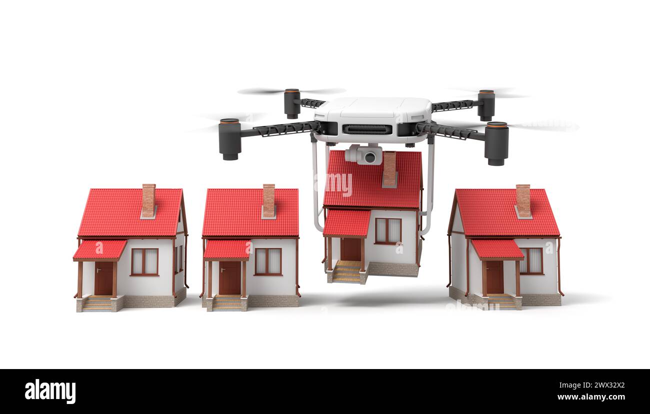 3d rendering of white drone carrying small houses with red roofs on white background Stock Photo