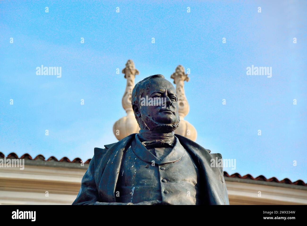 Padua, Italy. Bronze statue of Camillo Benso, Count of Cavour. Ironic photo. Stock Photo