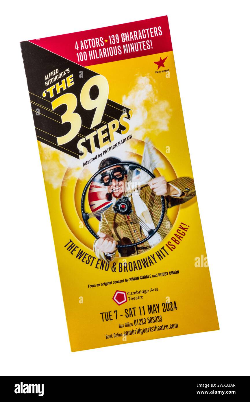 A promotional flyer for for 2024 production of Alfred Hitchcock's The 39 Steps, adapted by Patrick Barlow. Stock Photo