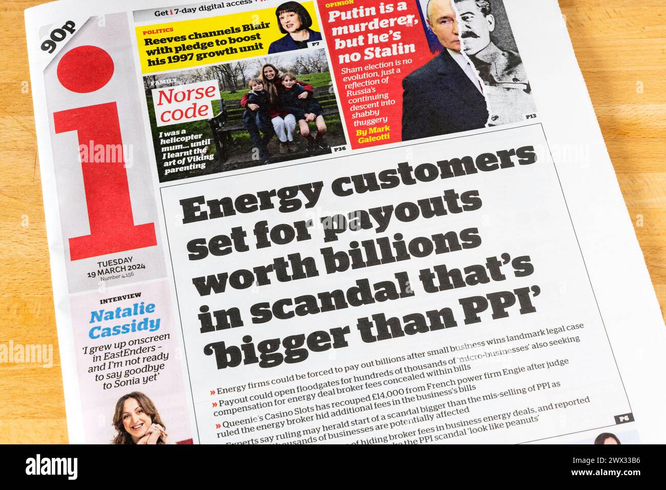 19 March 2024. Headline in i newspaper reads Energy customers set for payouts worth billions in scandal that's 'bigger than PPI'. Stock Photo