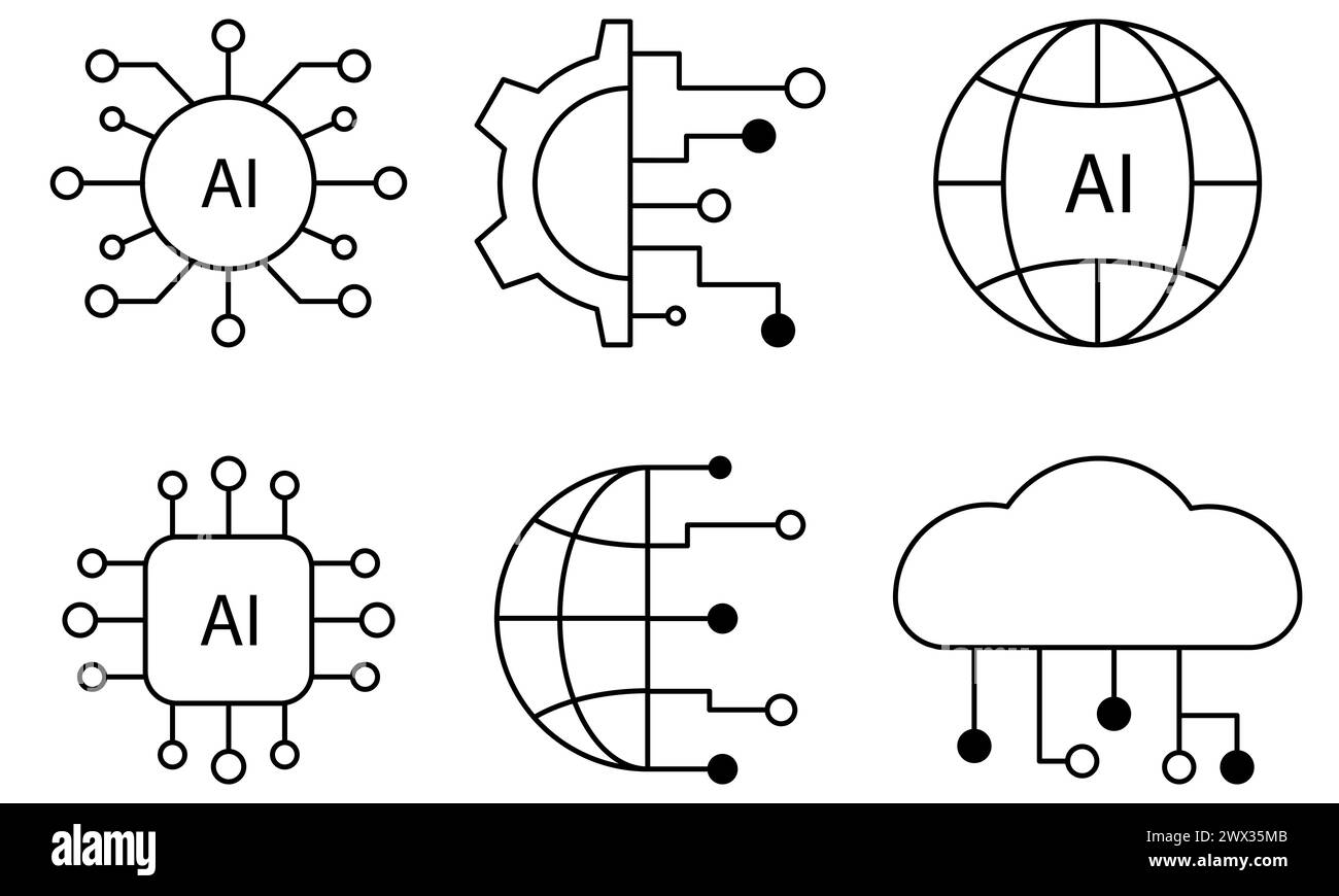 Artificial intelligence icon set in line style. AI technology illustration Stock Vector