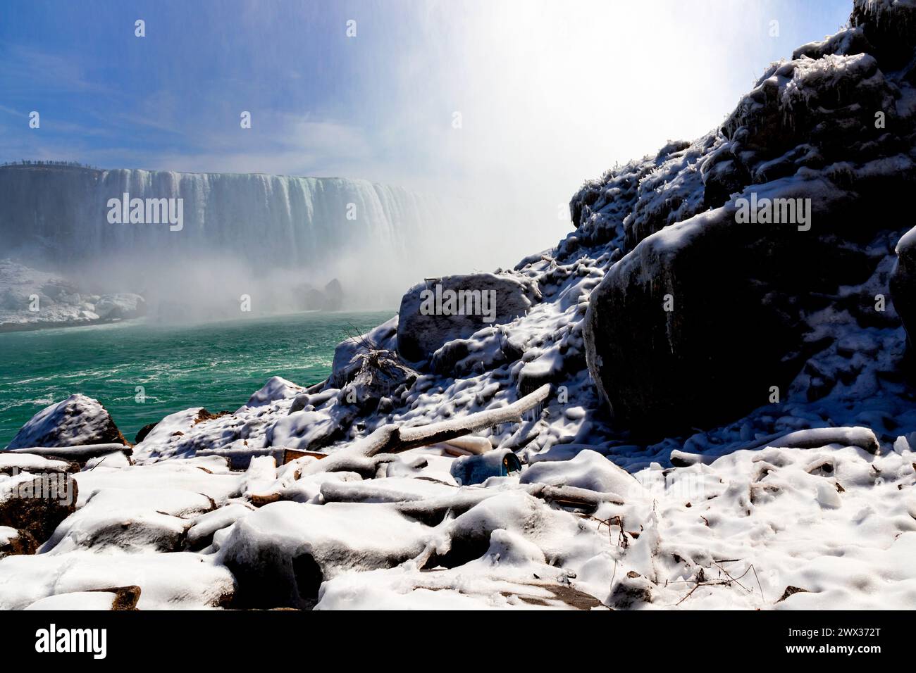 Water cascading over edge of the Horseshoe falls in winter. Niagara Falls Ontario Canada Stock Photo