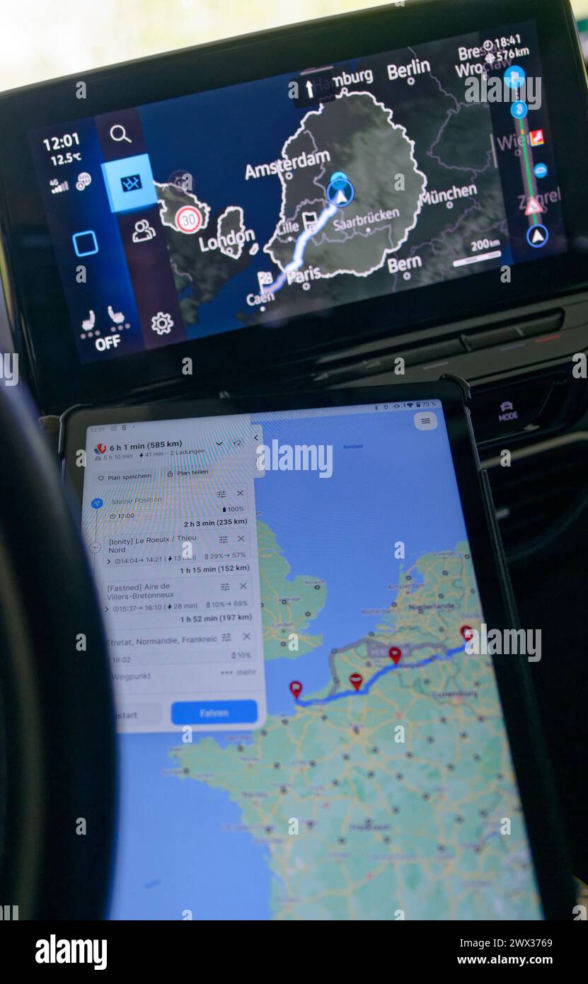 Cologne, Germany. 25th Mar, 2024. The 'A Better Route Planner' app shows the route and the necessary charging stops for a long-distance journey in an electric car on the screen of a cell phone. Credit: Henning Kaiser/dpa/Alamy Live News Stock Photo
