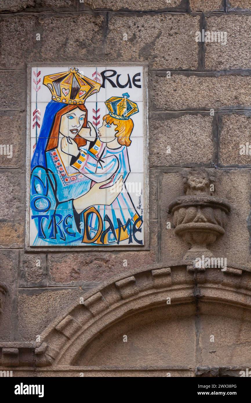 Artistically designed sign in the Rue Notre Dame, Guingamp, Departement Cotes-d'Armor, Brittany, France Stock Photo