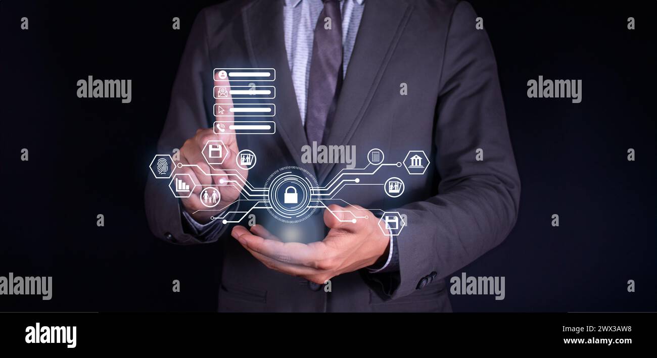 Guardian of Digital Realms: Businessman Safeguarding Cybersecurity, Family, and Business Data in Virtual Interface. Stock Photo