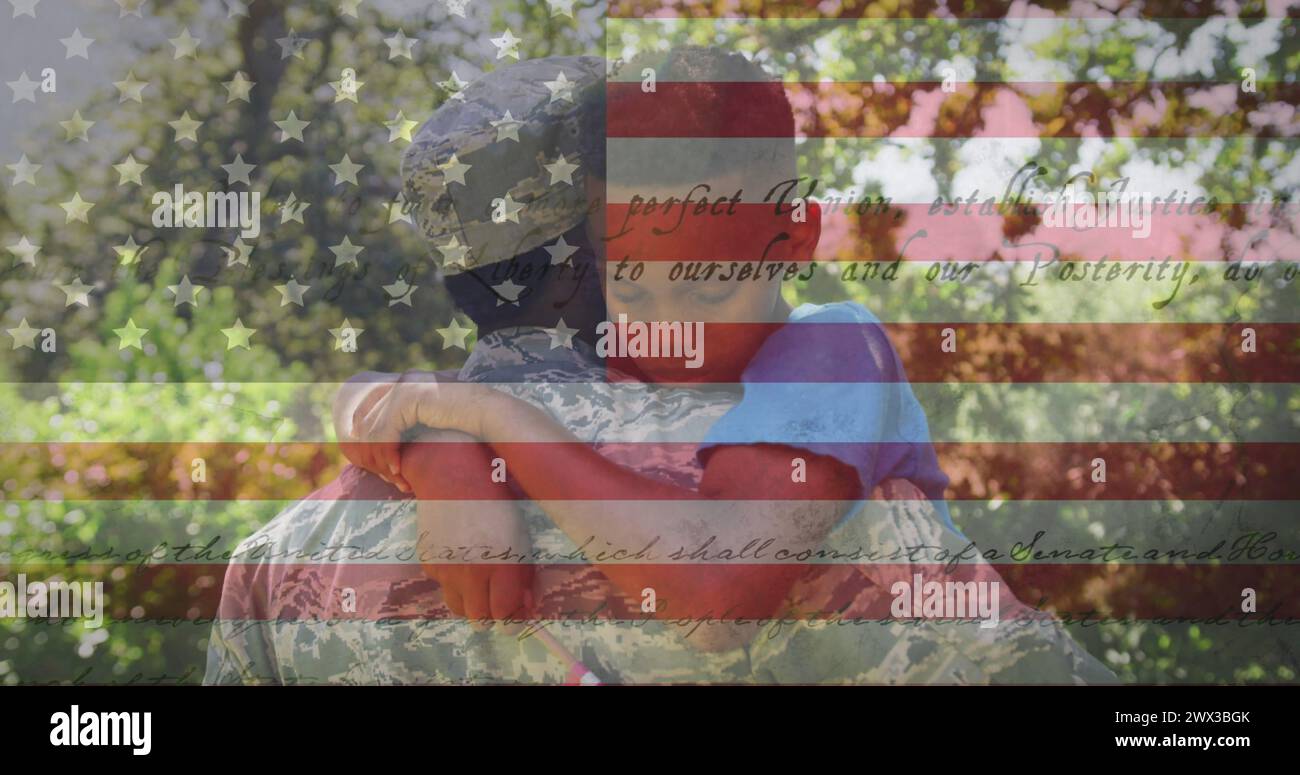 Image of male soldier embracing son over american flag. soldier returning home to family concept digitally generated image. Stock Photo
