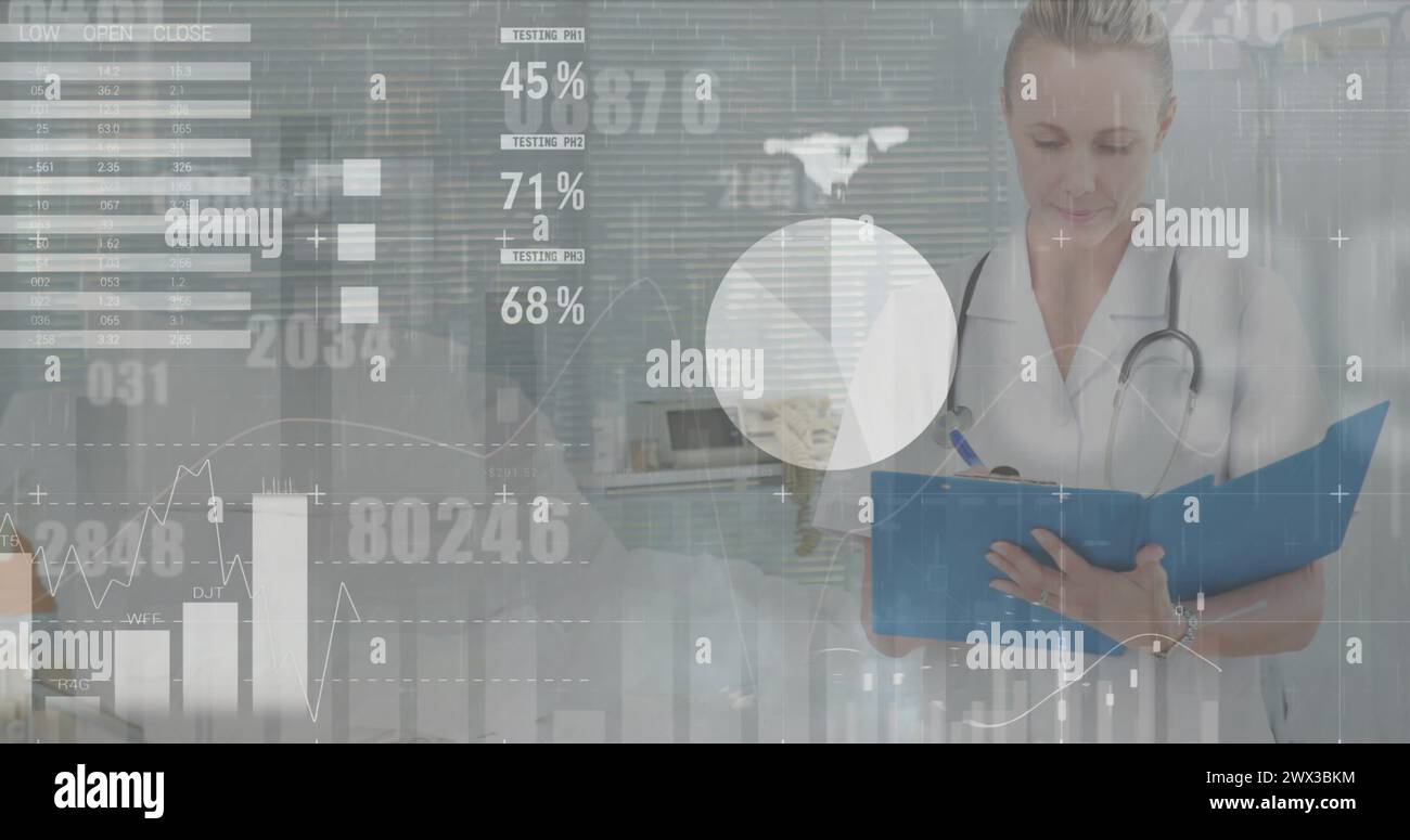 Image of data processing over caucasian female doctor with file. Global ...
