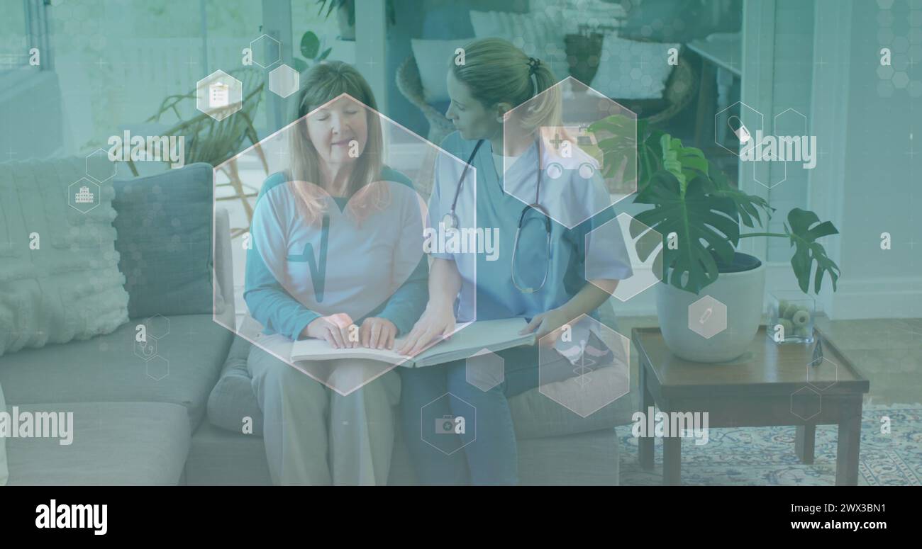 Image of medical icons over senior caucasian woman and female doctor reading braille. medical and healthcare services concept digitally generated imag Stock Photo