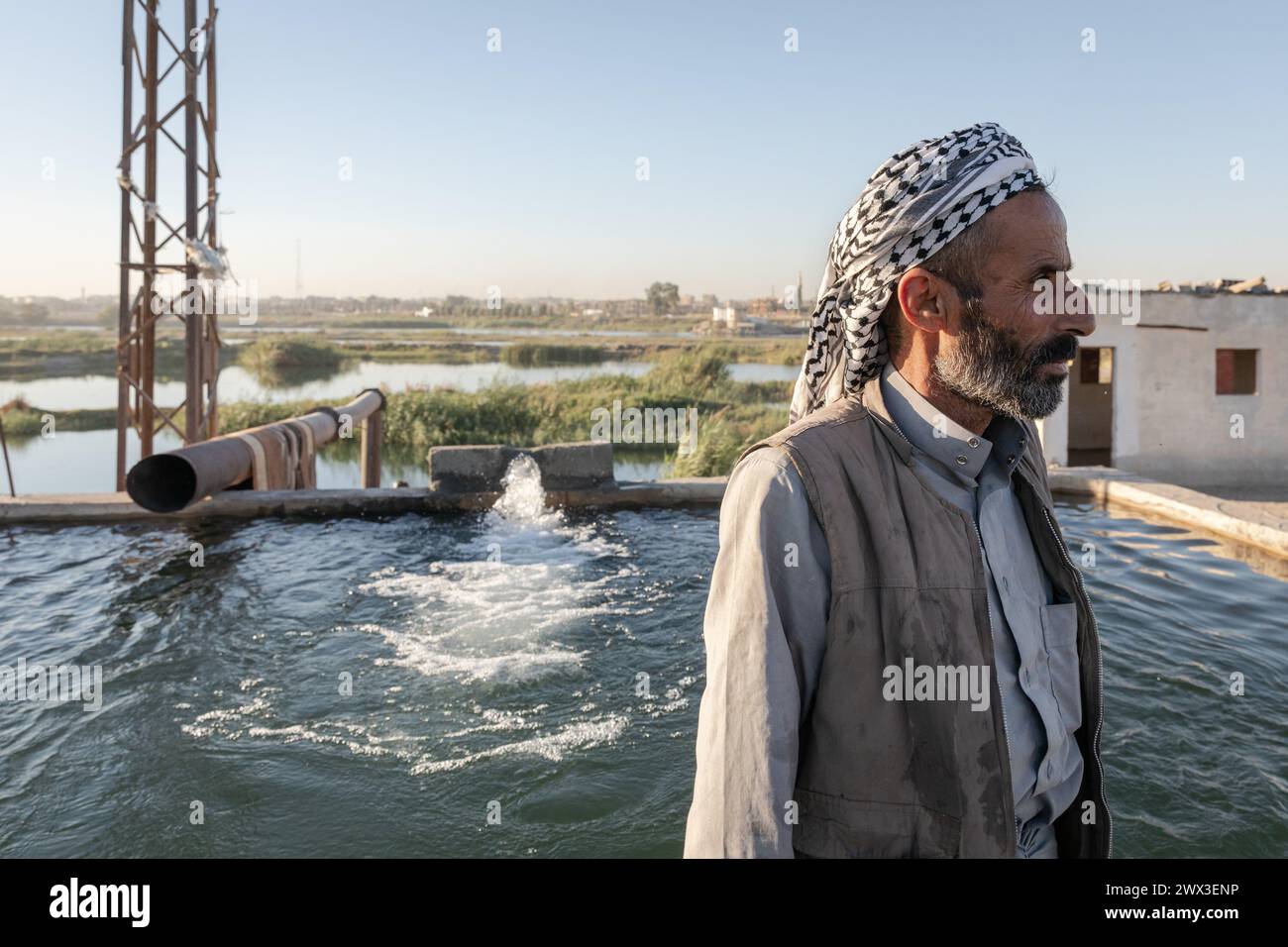 Raqqa, Syria. 12th Sep, 2022. Chris Huby/Le Pictorium - Syria - The difficult reconstruction of Raqqa - 12/09/2022 - Syria/northern syria/Raqqa - Mohamed, a farmer from Raqqa, has been pumping water from the Euphrates for as long as he can remember. He has many fields and crops. He explains that the level of the Euphrates is dropping and is worried: - if the water continues to fall like this, the whole country's agriculture will be affected! -. Credit: LE PICTORIUM/Alamy Live News Stock Photo