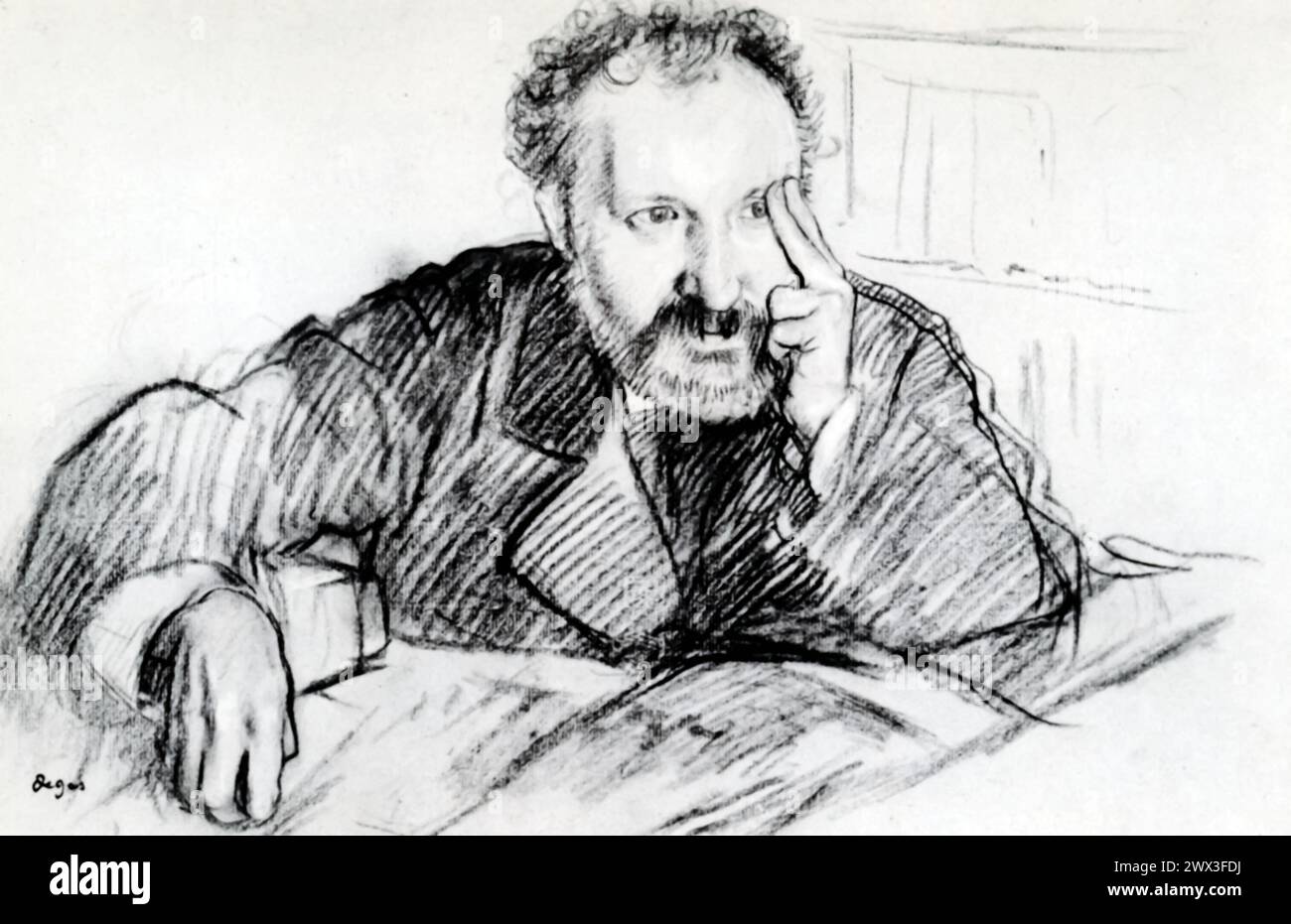 A study drawing of Émile Duranty using charcoal and white chalk by the artist Edgar Degas, dated between 1834 and 1917. Émile Duranty was a French novelist and critic, known for his association with the Realist and Naturalist movements in literature, which paralleled Degas's own interest in depicting modern life and its characters. Stock Photo